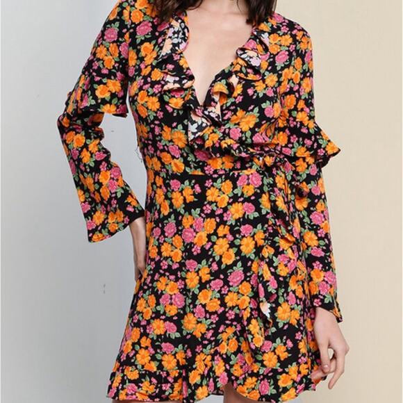 NWT TopShop Black Orange Pink Floral Rose Ruffle Longsleeve Wrap Dress Size 2 - Picture 1 of 9